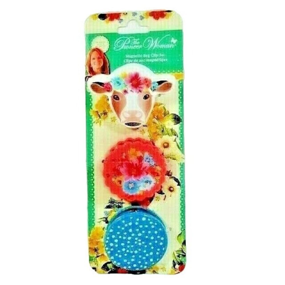 Pioneer Woman 3-Pack Magnetic Bag Clips Floral Dots Dairy Cow Country NEW